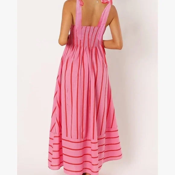 Pink and Red Stripped Maxi Dress with Ribbon Straps - Picture 3 of 4